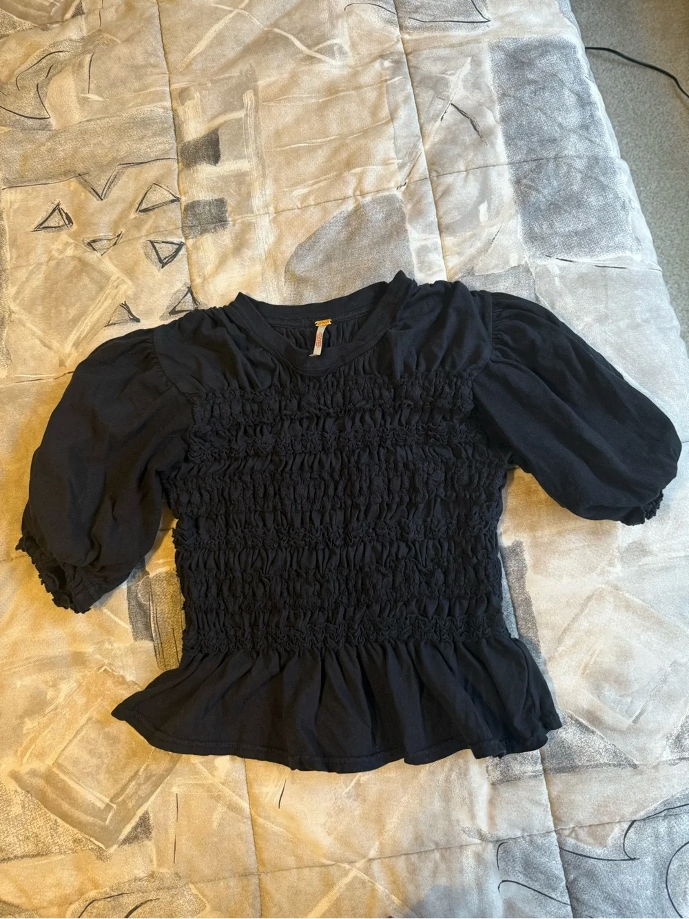 Free People Black Smocked- Maxey Knit Shirt. Size Small